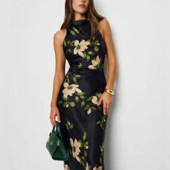 NEW Reformation Anaiis Silk Long Black Floral Backless Dress Mood for Love US 6 - Picture 15 of 16